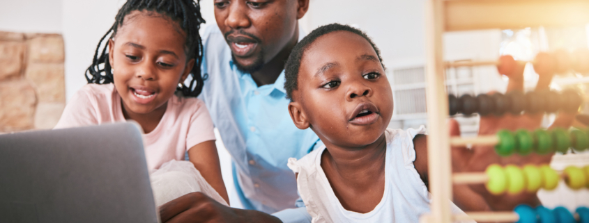 Black family, laptop and elearning, father and girl children, education and helping with math school work. Teaching, learning and support, black man with young female kids at home in online class.
