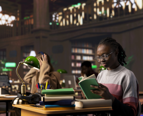Black student reading books and her handwritten class notes right before the exam, making preparations all night to get a high grade for her scholarship. Young adult shows dedication and ambition.