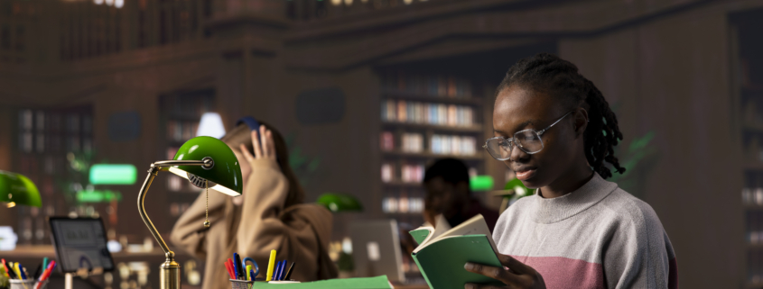 Black student reading books and her handwritten class notes right before the exam, making preparations all night to get a high grade for her scholarship. Young adult shows dedication and ambition.