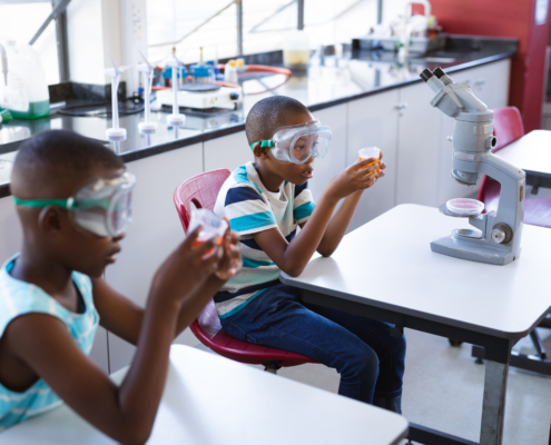 Two african american boys wearing protective glasses holding a beaker in science class at laboratory. school and education concept